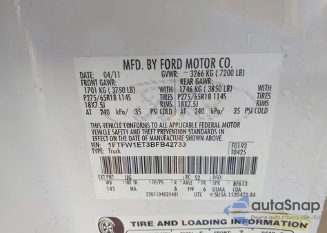 2011 Ford F-150 Lariat из США, поврежденный, VIN 1FTFW1ET3BFB42733